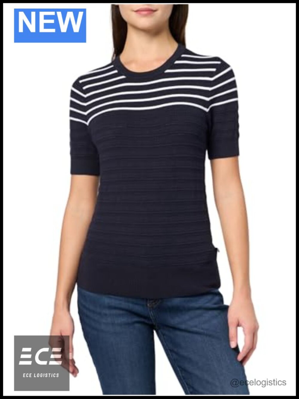Striped Ribbed Knit Short Sleeve Sweater Crew Neck Pullover